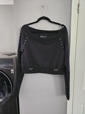 Killstar Black Off-the-Shoulder Crop Sweater With Grommet Sleeve Details